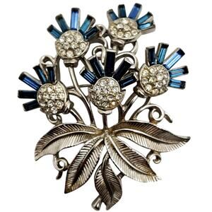 Trifari Radiance Thistle Brooch Blue Rhinestone Silver 50s Floral Pin Statement